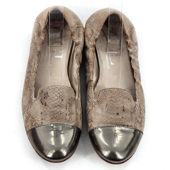 AGL Snakeskin Suede Leather Cap Toe Flats Tan Silver - Picture 1 of 9